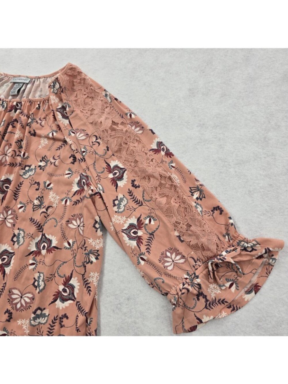 Catherines Floral Printed Blouse Top 4X Lace Trim Gathered Sleeve Tie Stretch - Picture 5 of 7